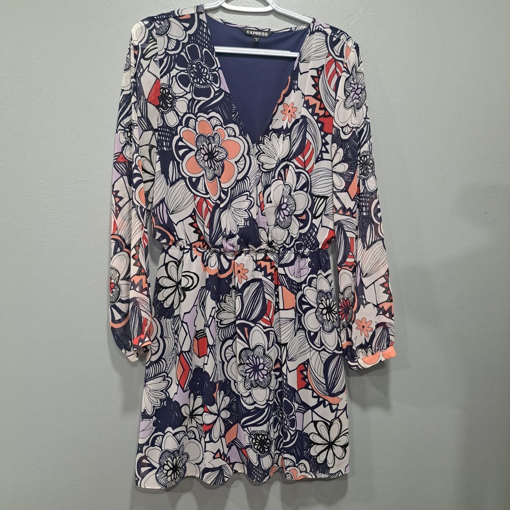 Express Floral Long Sleeve Dress Navy Blue‎ Coral V-Neck Elastic Waist M